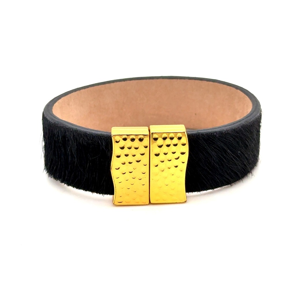 Rustic Cuff Black Calf Hair Genuine Leather Gold Tone Magnetic Clasp Bracelet
